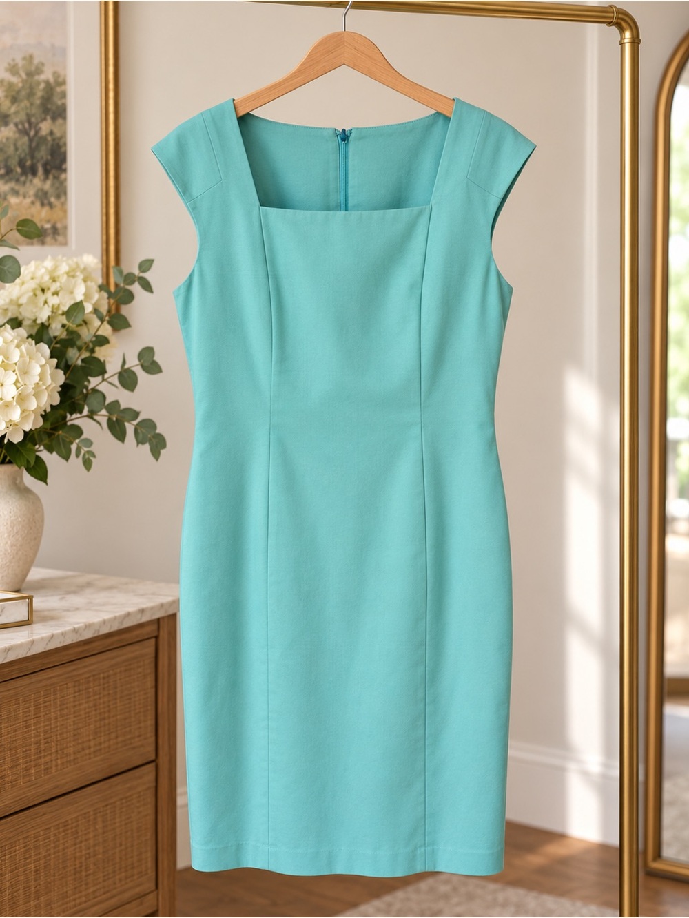 Lafayette 148 New York Aqua Square Neck Sheath Dress Size 14